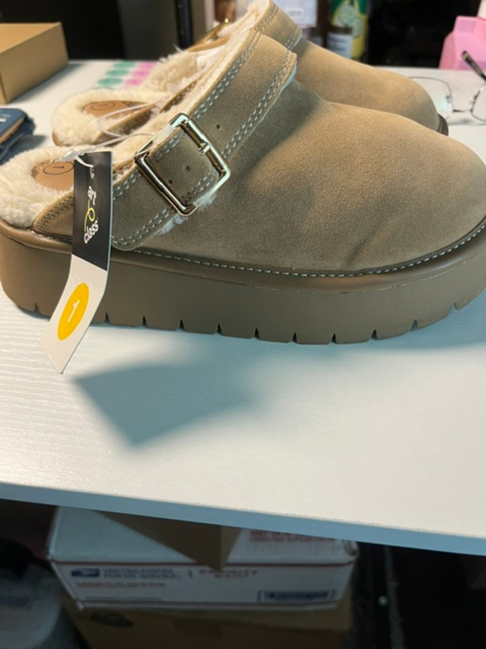 Art Class Faux Fur Lined Buckle Clogs Size 1 Tan
